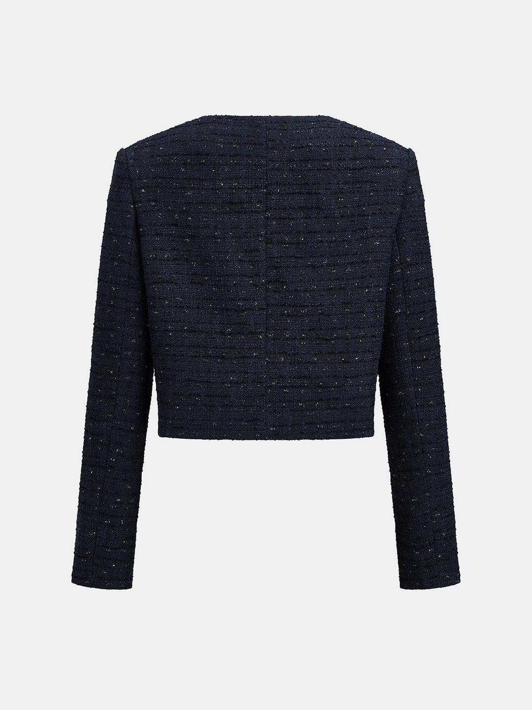 Back view of the dark blue cropped tweed blazer showing the clean collarless neckline