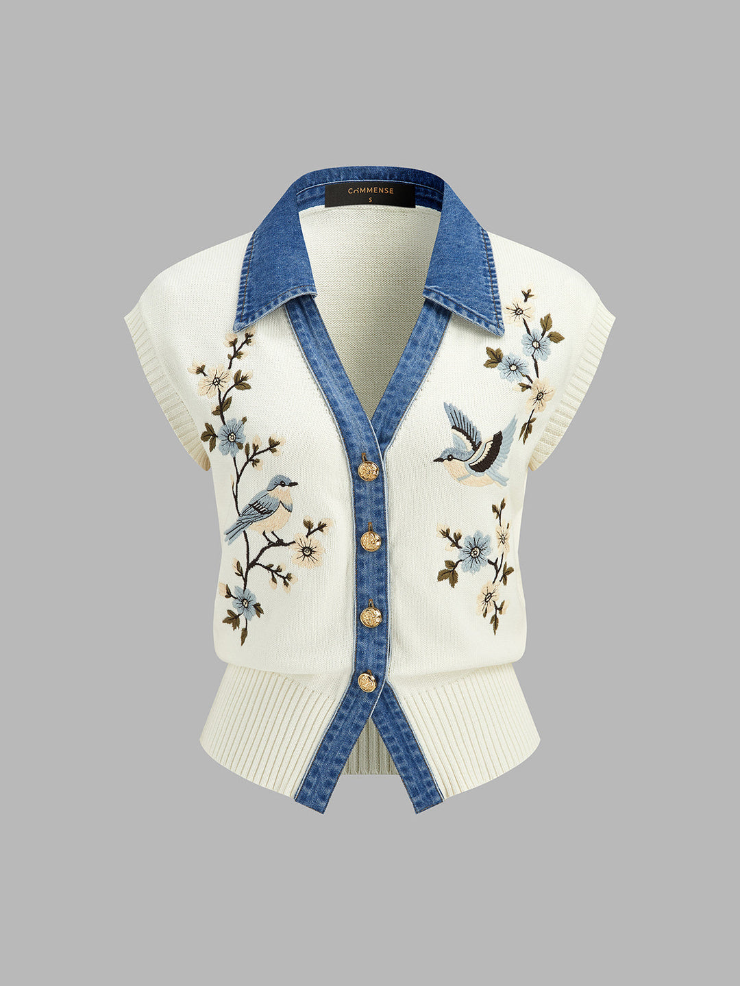 Bird Floral Denim Collar Knit Vest — women's cardigans, front view
