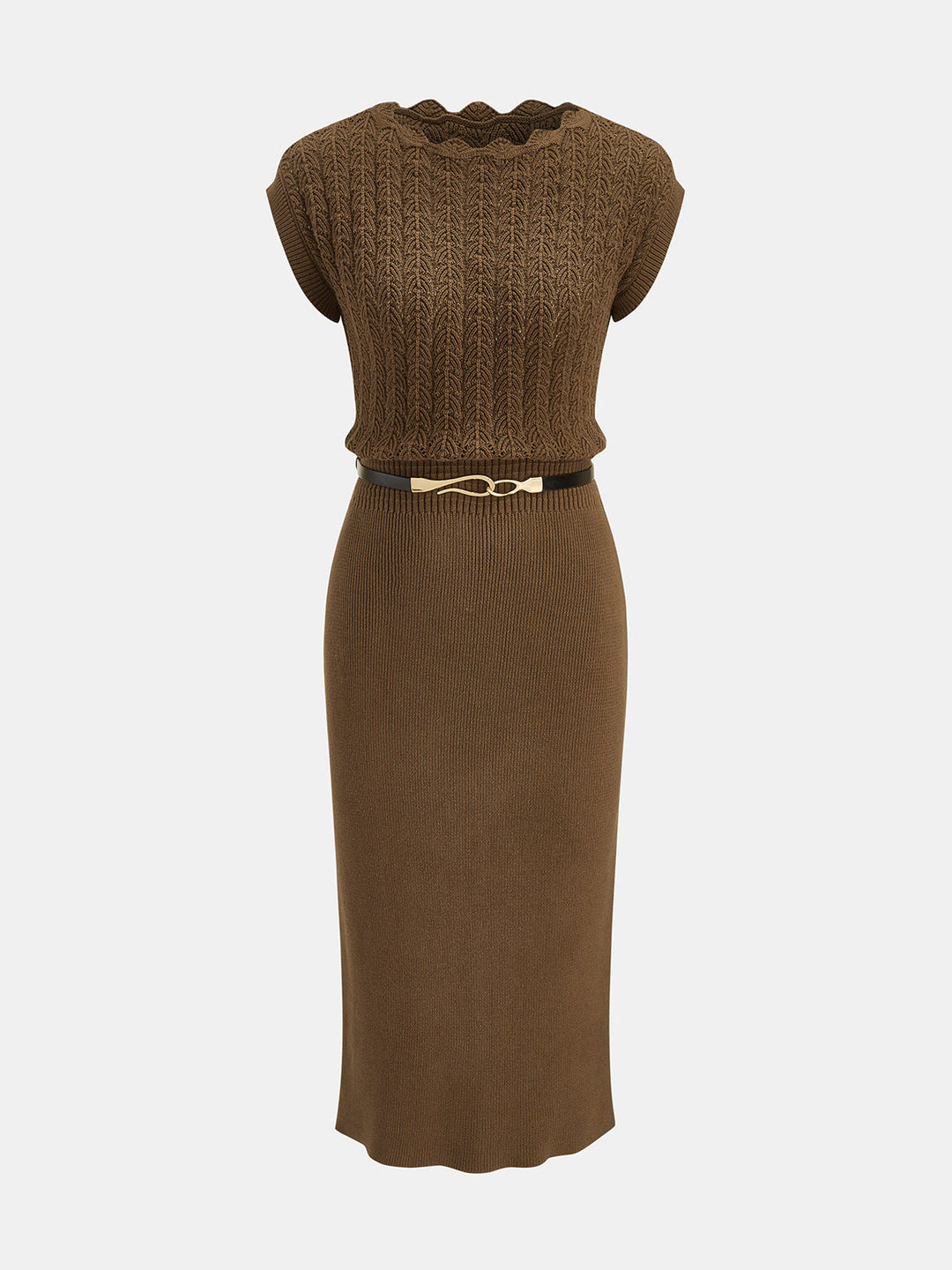 Scallop Neck Belted Knit Midi Dress — women's sweater dresses, front view