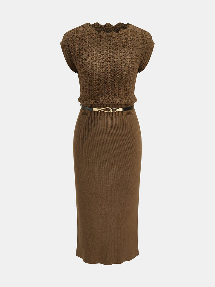 Scallop Neck Belted Knit Midi Dress