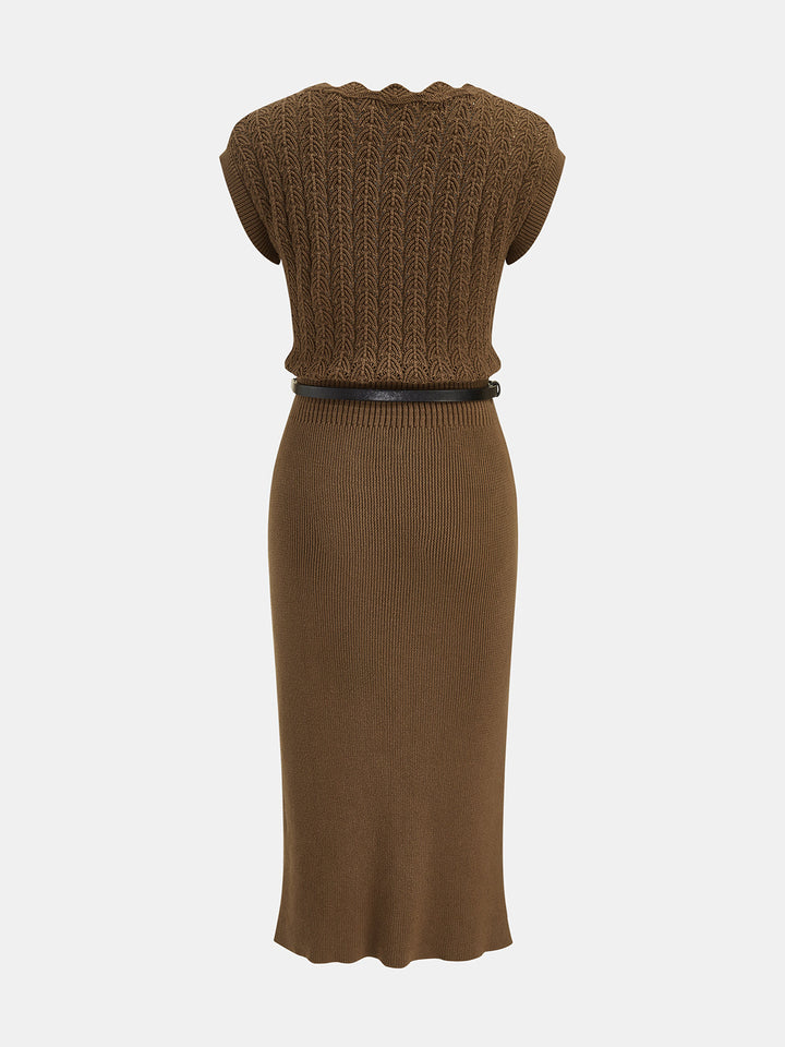 Scallop Neck Belted Knit Midi Dress