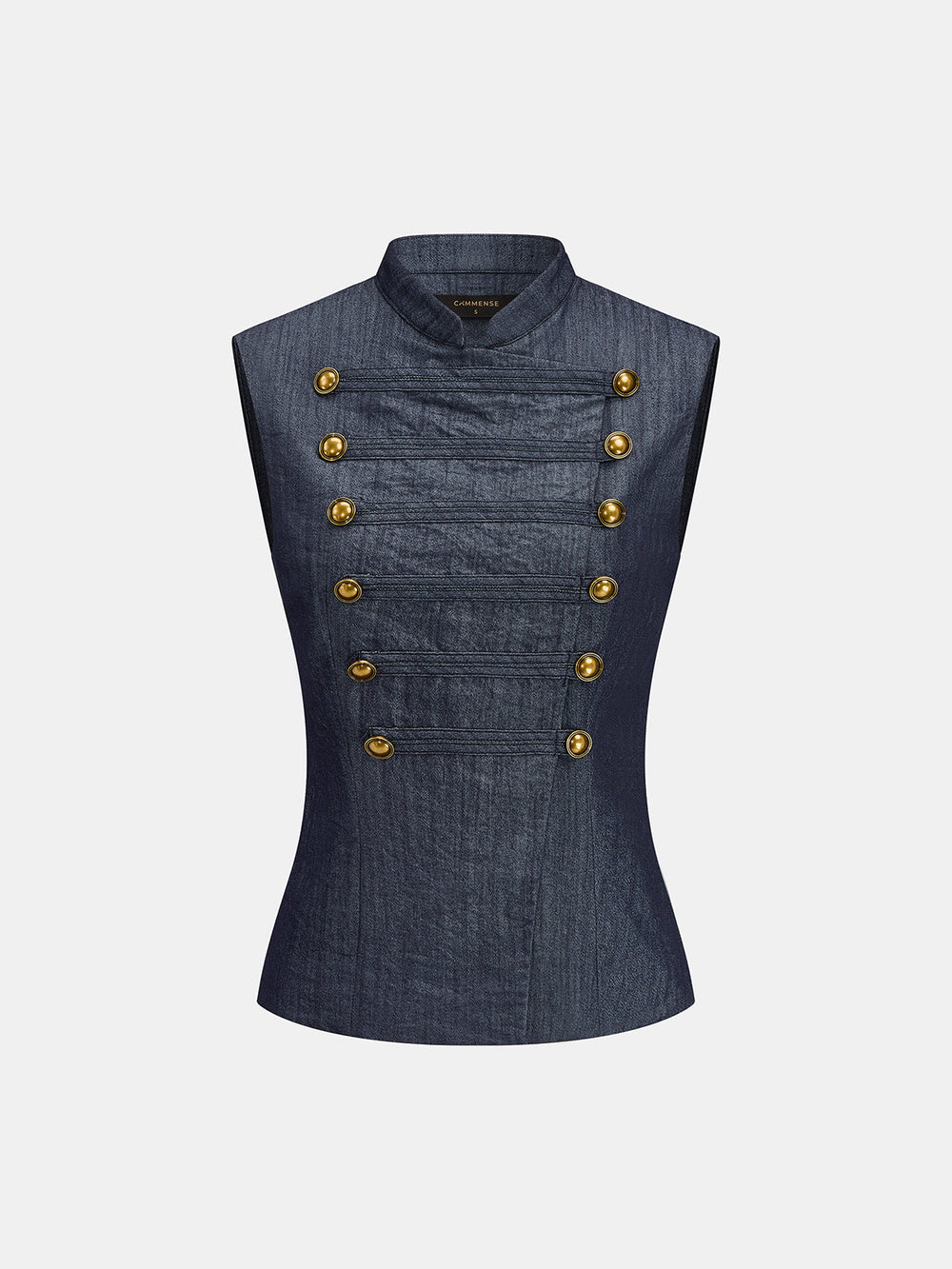 Faux Denim Napoleon Double Breasted Vest — women's vests, back view