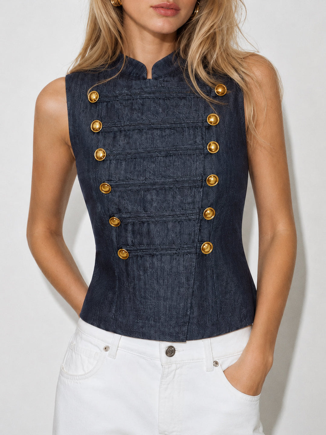 Faux Denim Napoleon Double Breasted Vest — women's vests, front view