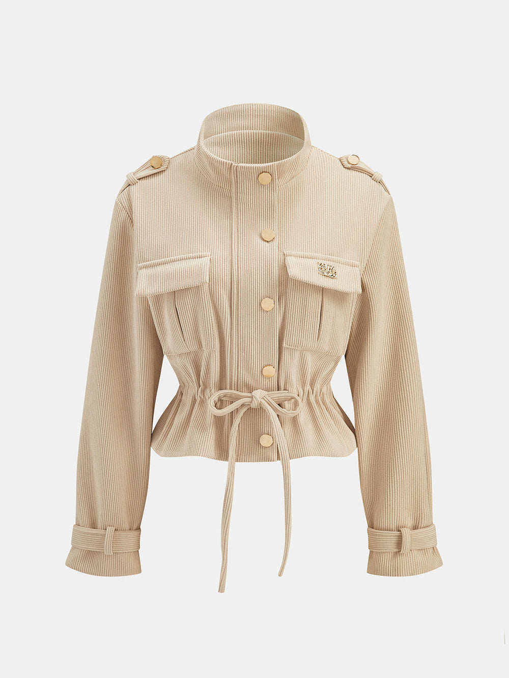Apricot corduroy jacket front view with stand collar, flap chest pockets and tie waist