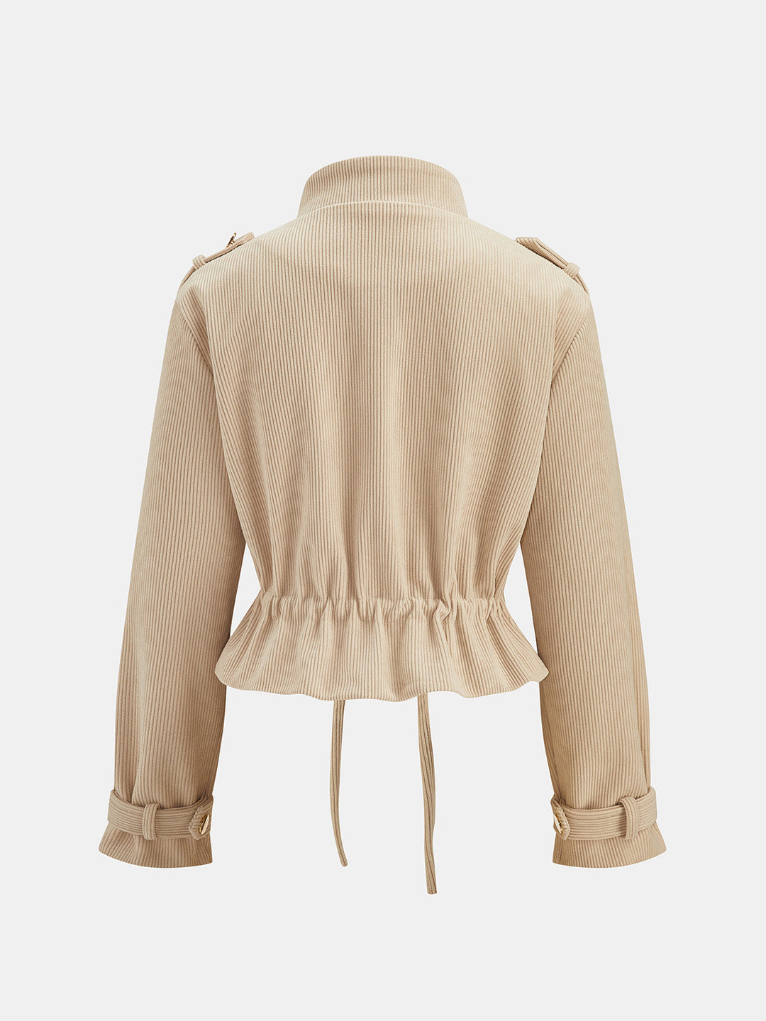 Back view of the cream corduroy cropped jacket with elasticated peplum waist