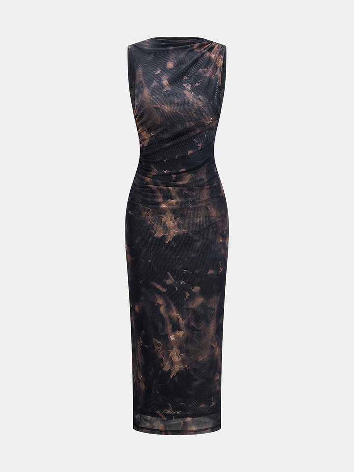 Tie-Dye Ruched Mesh Midi Dress - women's dress, back view