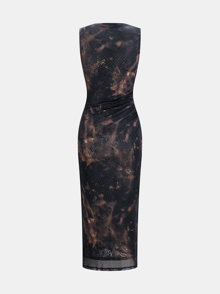 Tie-Dye Ruched Mesh Midi Dress - women's dress, side view