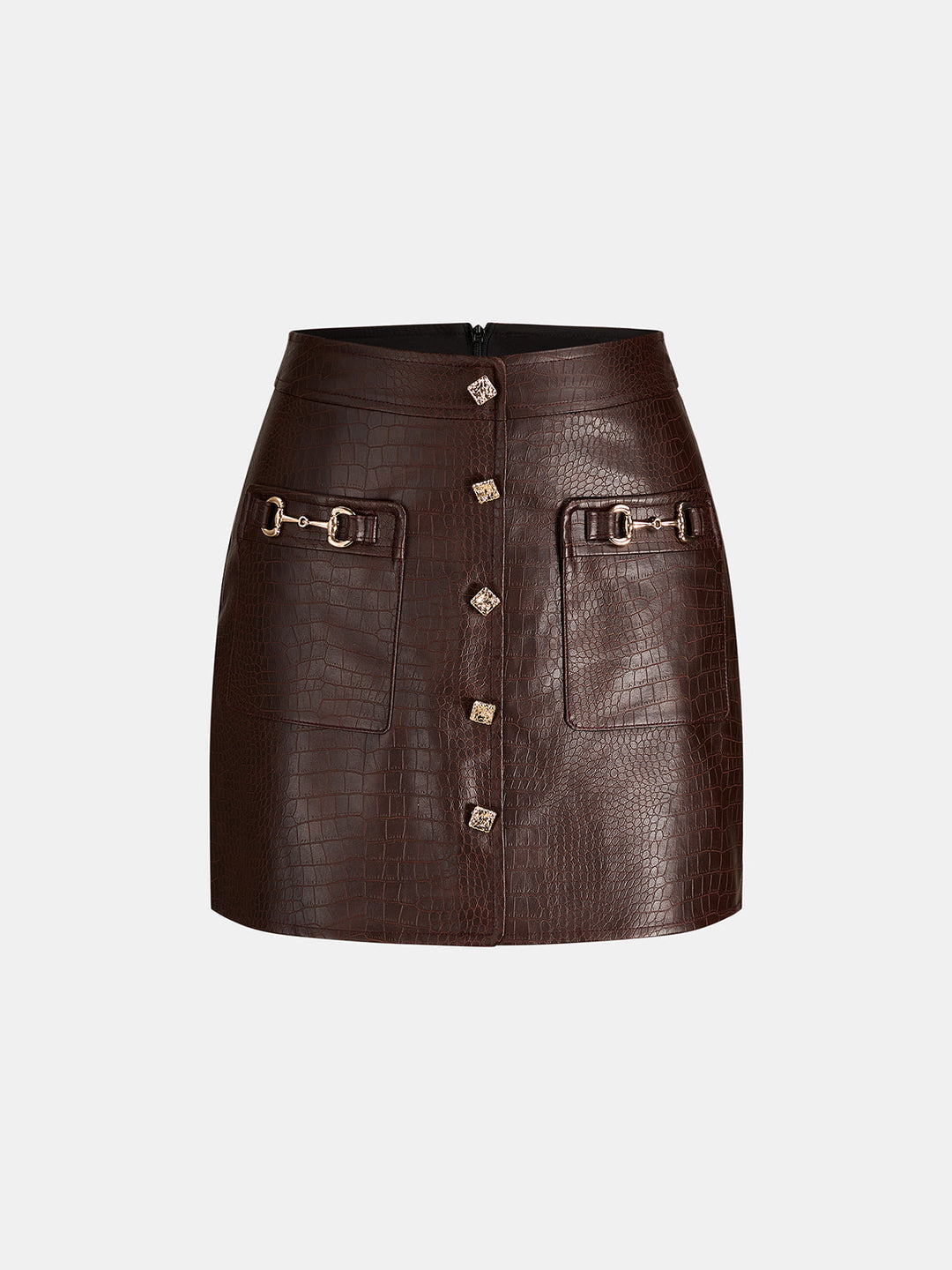 Horsebit Detail Croc-Embossed Faux Leather Mini Skirt - women's skirt, side view