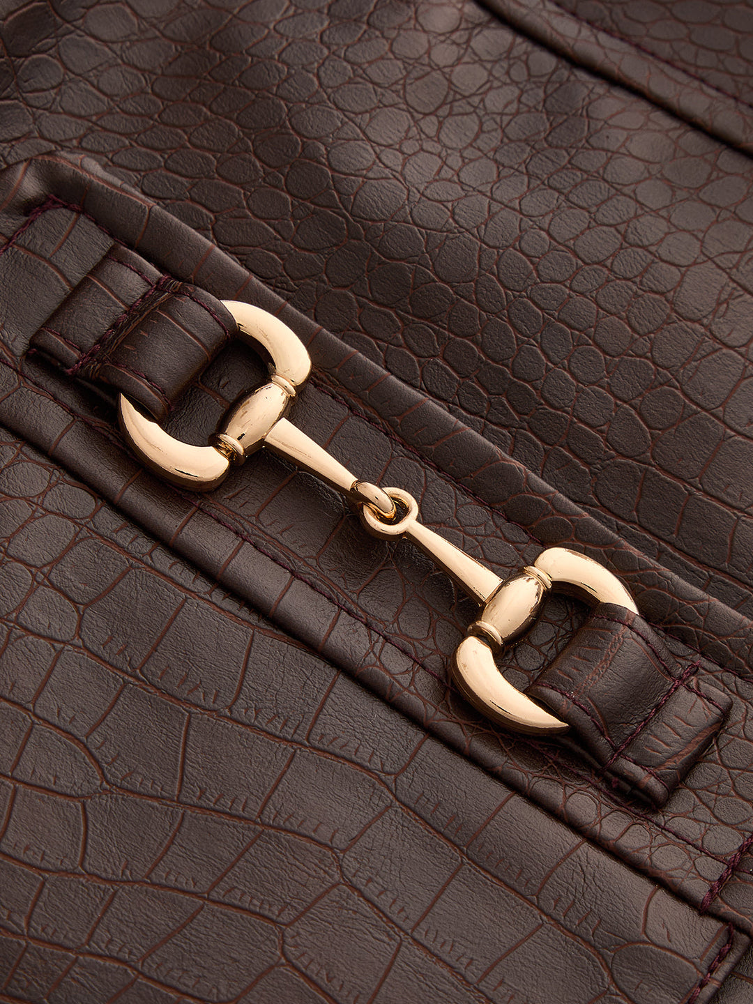 Horsebit Detail Croc-Embossed Faux Leather Mini Skirt - women's skirt, fabric detail