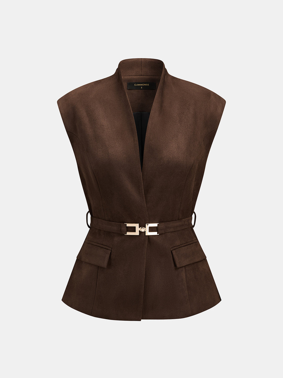 Suede Effect Stand Collar Belted Vest — women's vests, front view