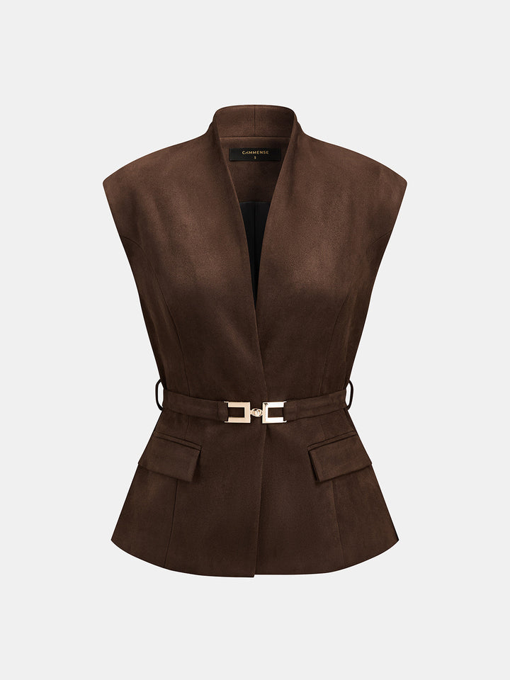 Dark brown suede effect belted vest, front view with stand collar and flap pockets
