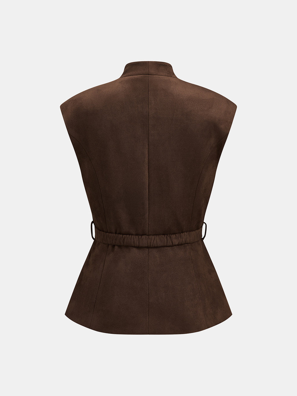 Suede Effect Stand Collar Belted Vest — women's vests, back view