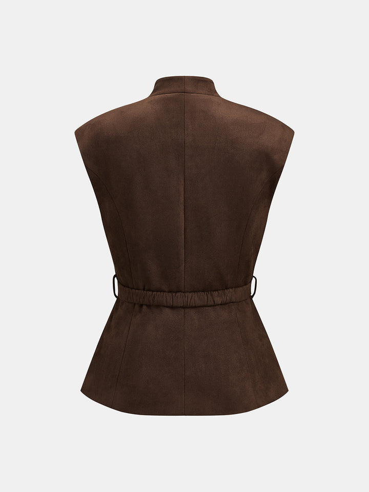 Back view of brown faux suede sleeveless vest with elasticated belted waist