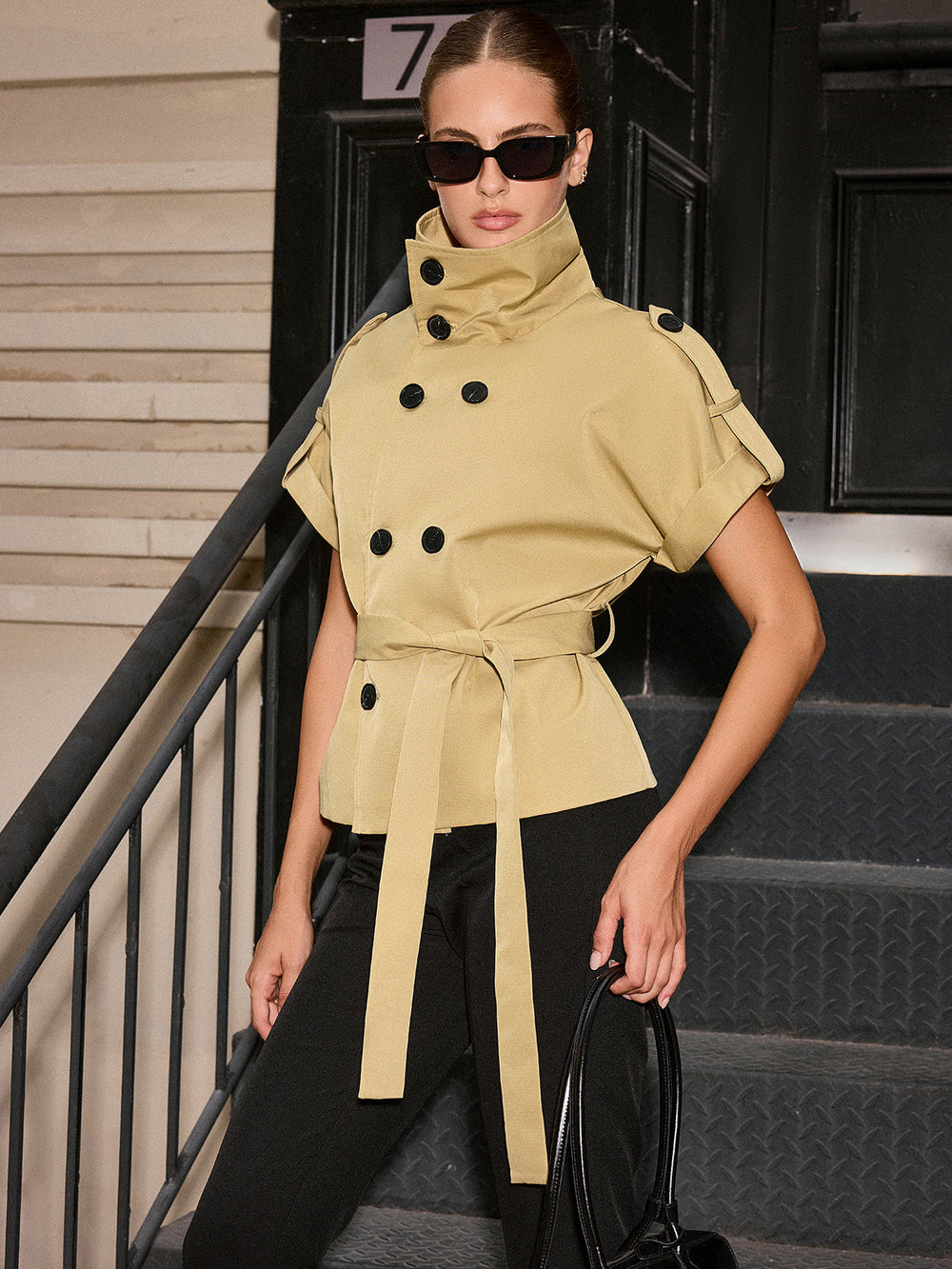 Epaulet Double Breasted Stand Collar Trench Top — women's trench coats, back view