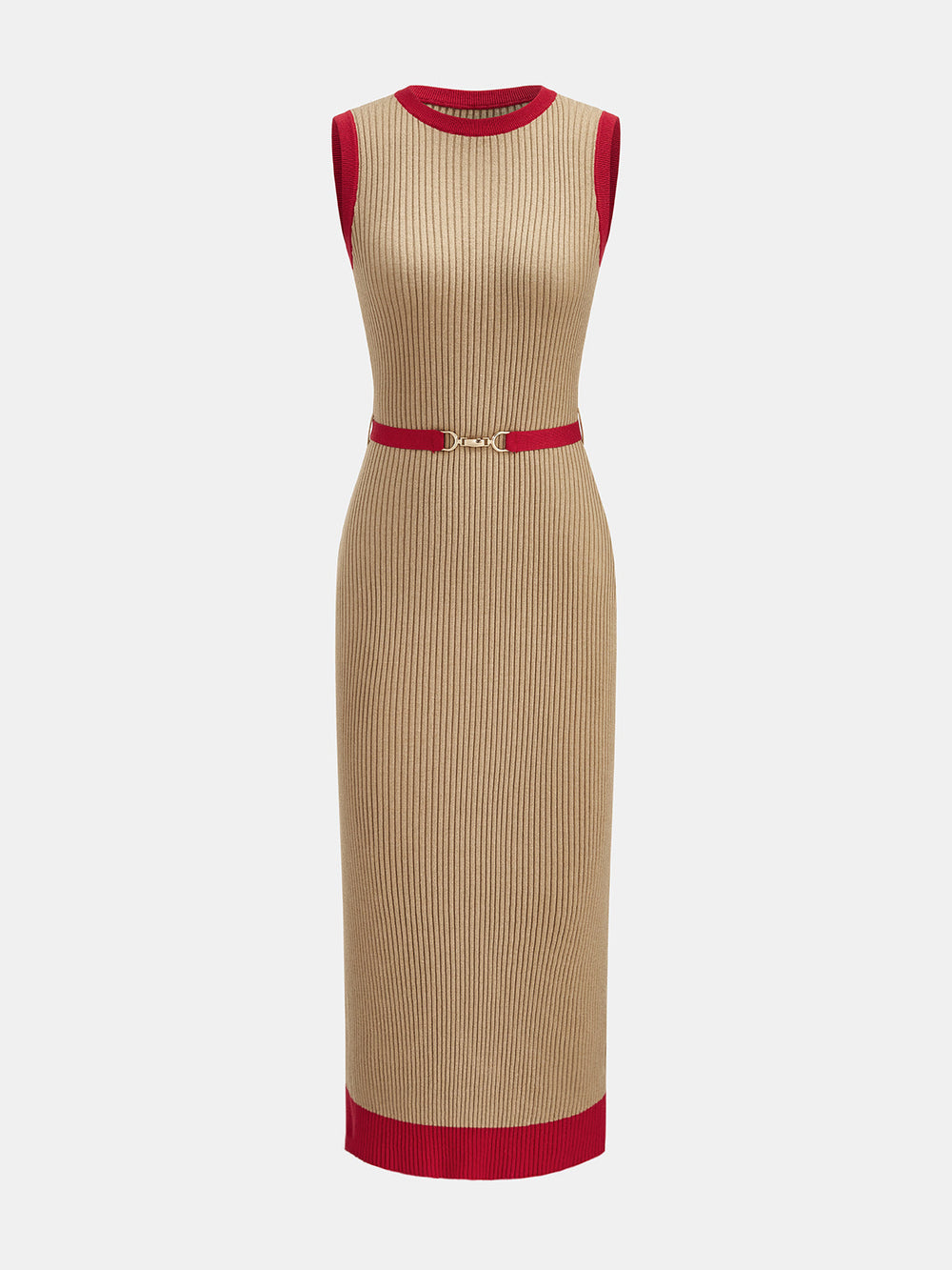 Contrast Trim Belted Rib Knit Dress — women's sweater dresses, back view