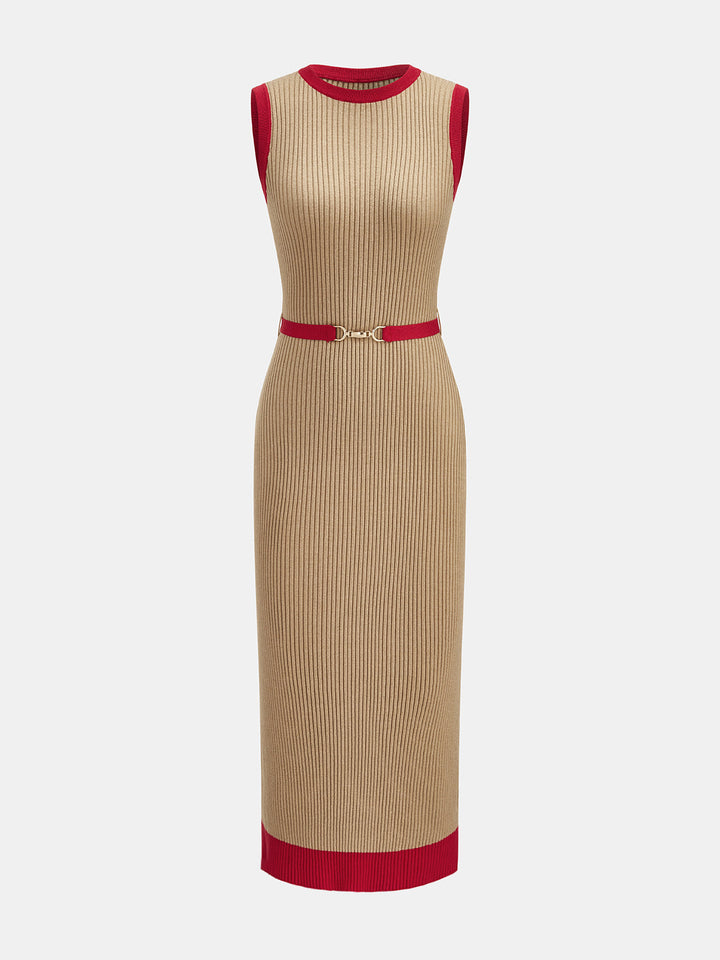 Contrast Trim Belted Rib Knit Dress