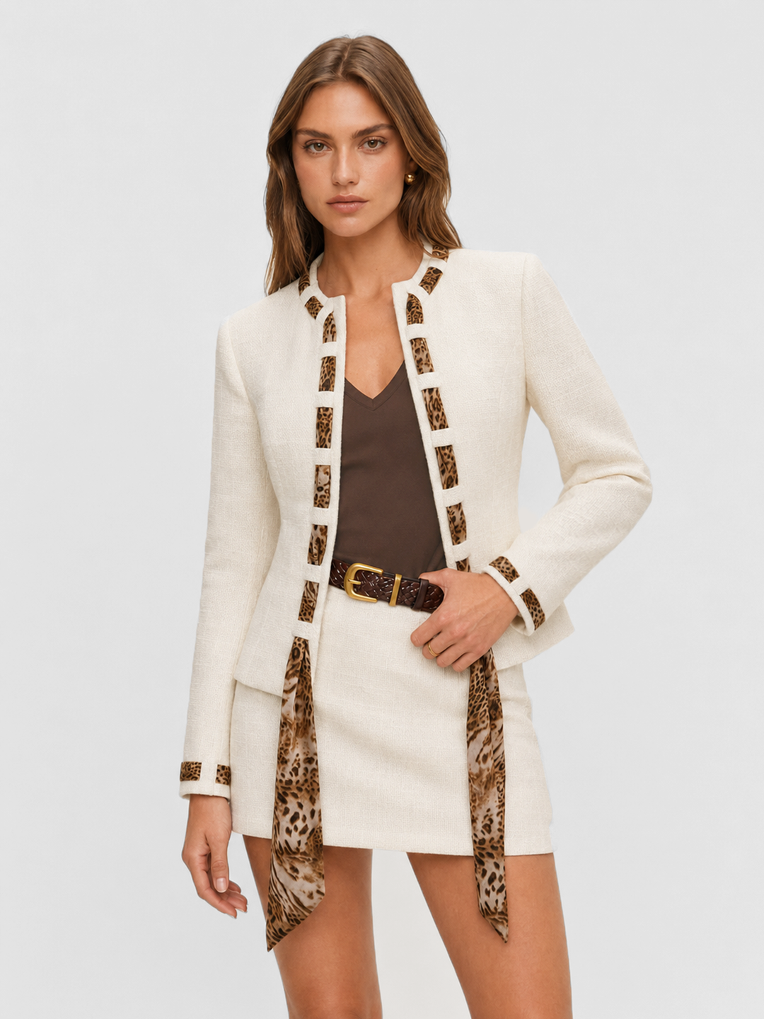 Leopard Ribbon Tweed Blazer — women's blazers, front view