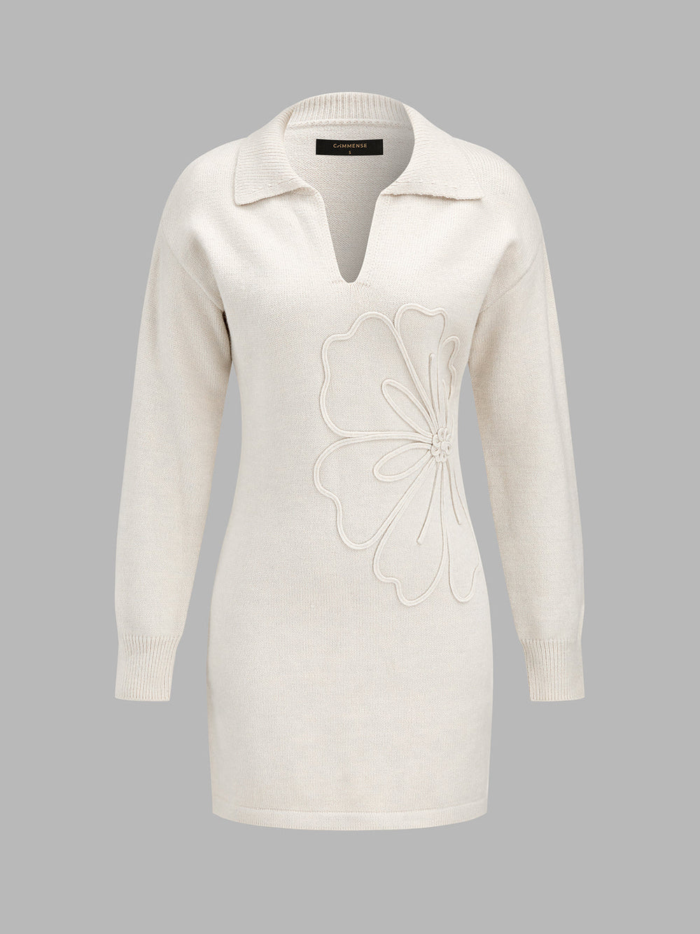 Floral Applique Polo Knit Mini Dress — women's sweater dresses, back view