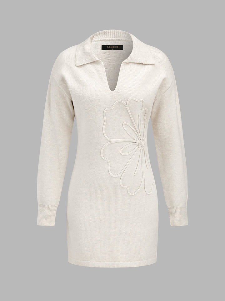 Floral Applique Polo Knit Mini Dress
