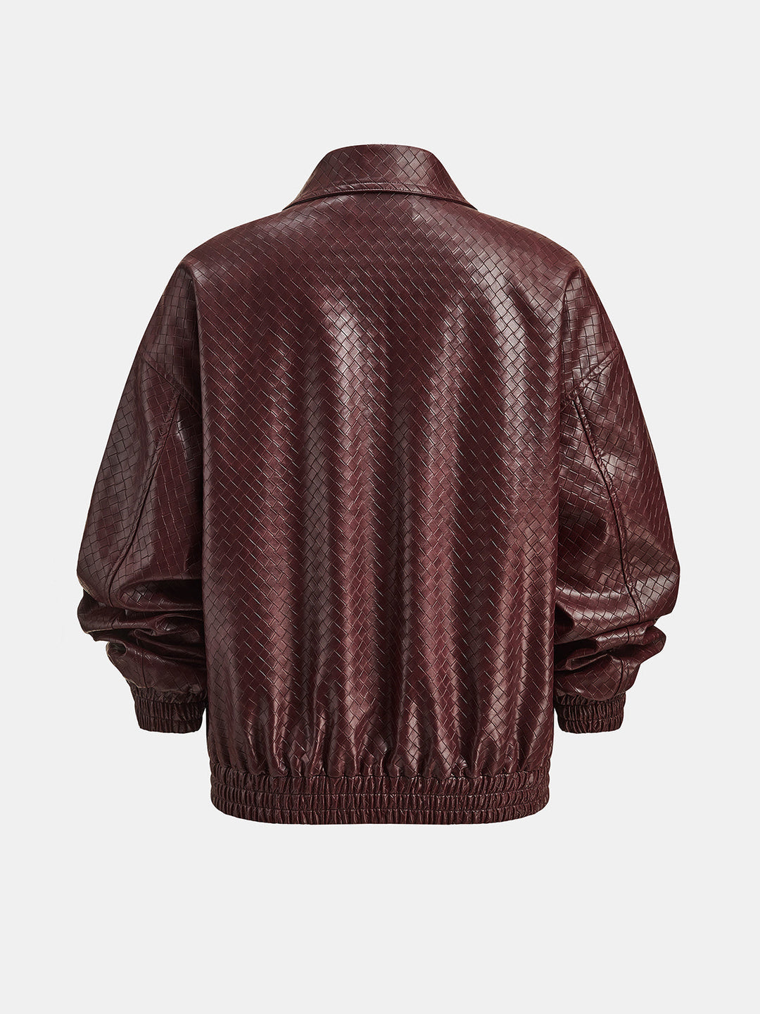 Back view of the woven faux leather bomber jacket in deep burgundy