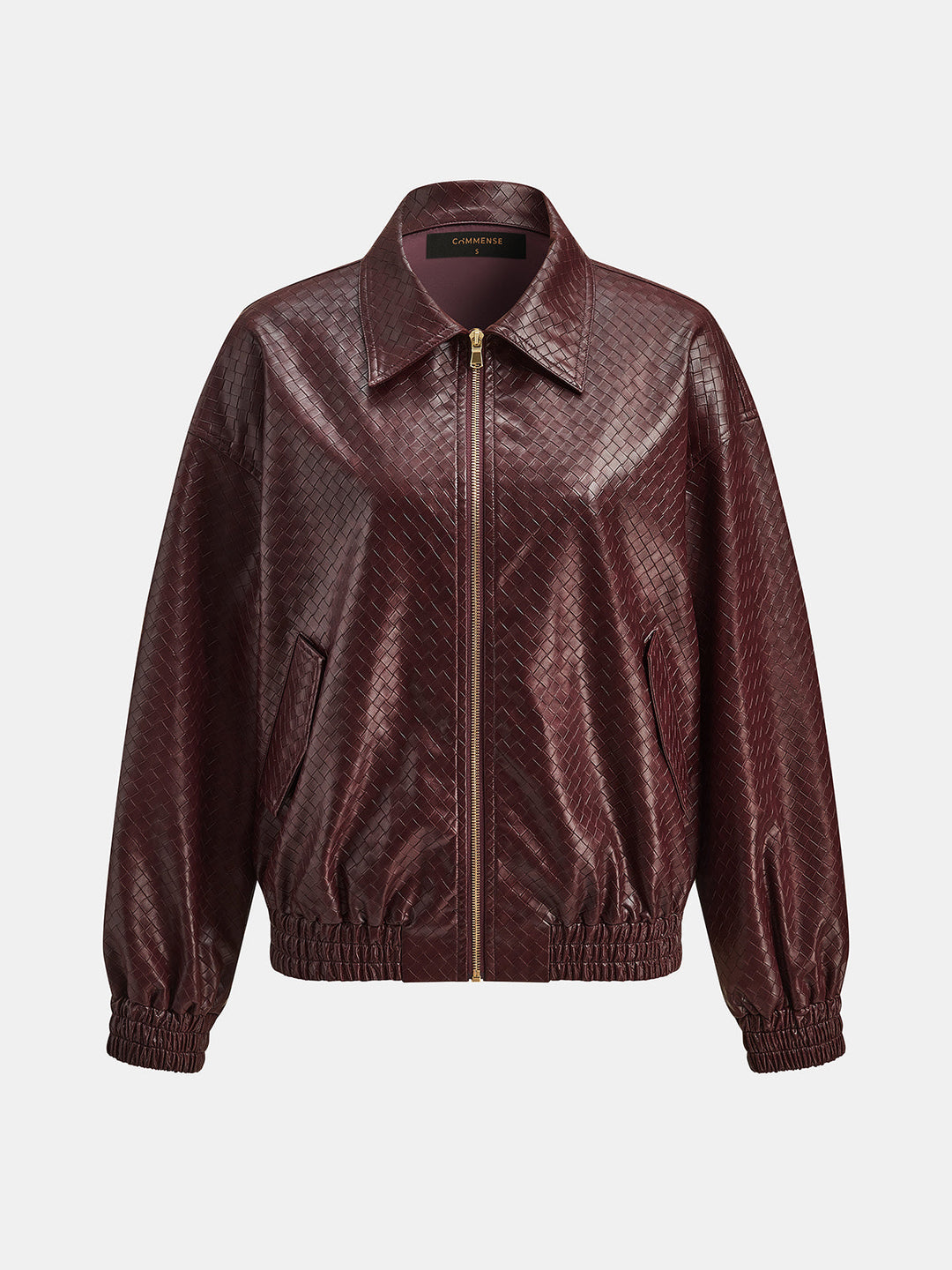 Front product view of wine red basketweave faux leather jacket with gold zip and collar