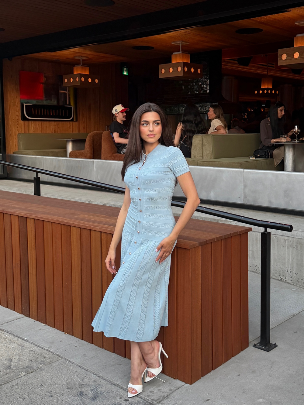Short Sleeve Textured Knit Midi Dress — women's sweater dresses, back view