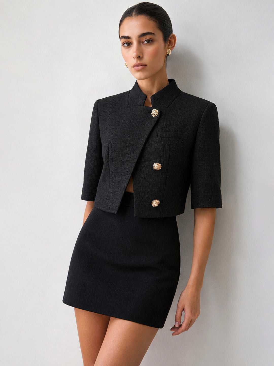 Stand Collar Metal Button Blazer — women's blazers, front view