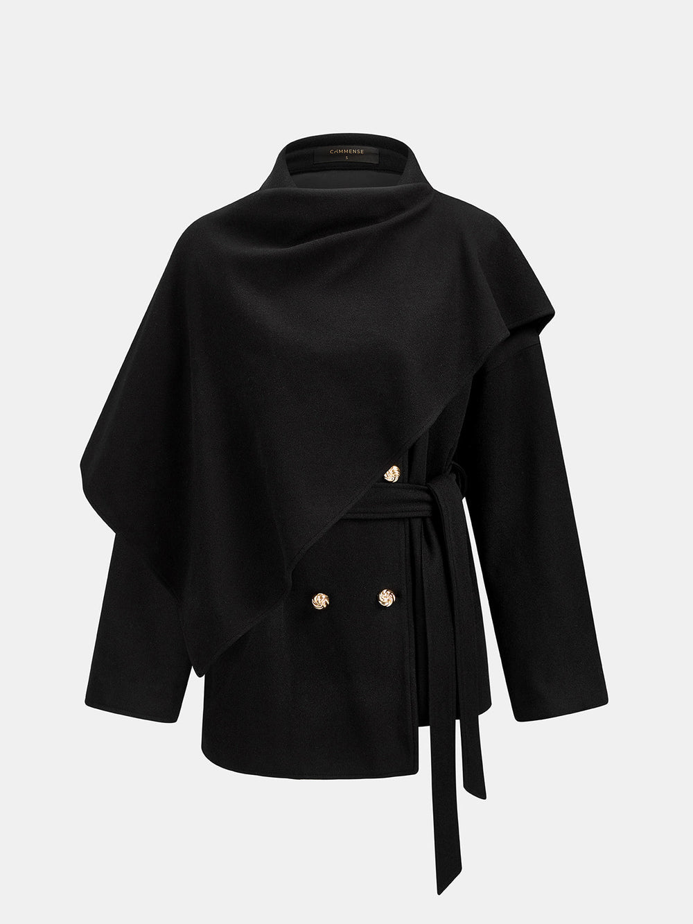 Front product shot of black 2 way belted double breasted coat with asymmetric draped collar