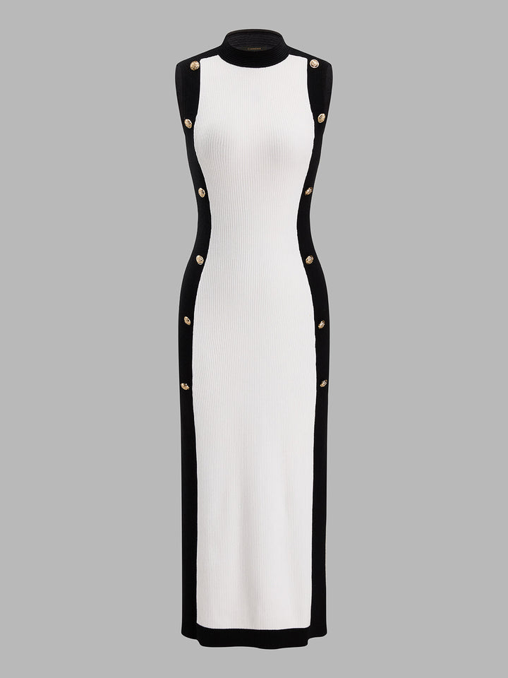 Color‑Block Metal Detail Knit Midi Dress