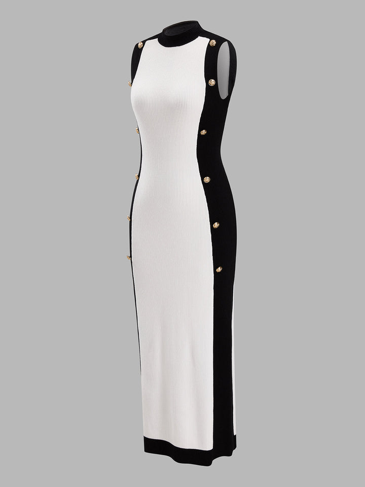 Color‑Block Metal Detail Knit Midi Dress