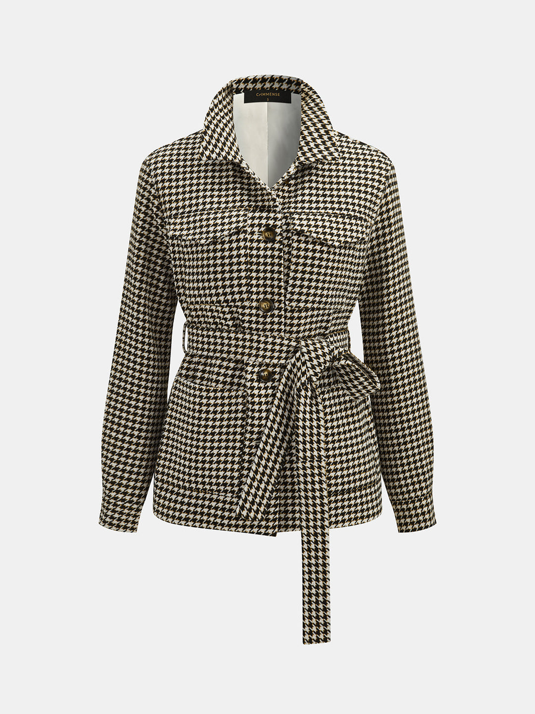 Houndstooth Belted Waist Shirt Jacket — women's blazers, front view
