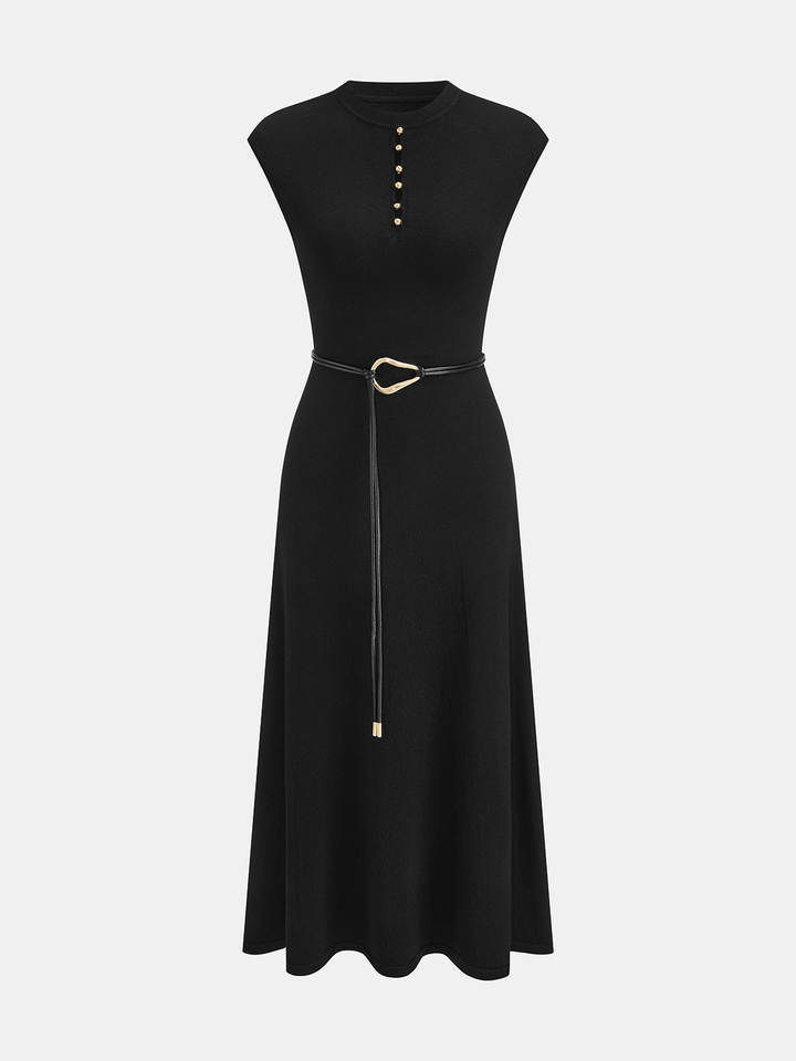 Wool Blend Metal Detail Belted Knit Dress