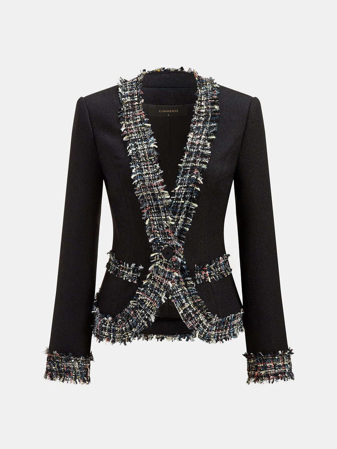 Multicolor Fringe Trim Tweed Blazer — women's blazers, front view