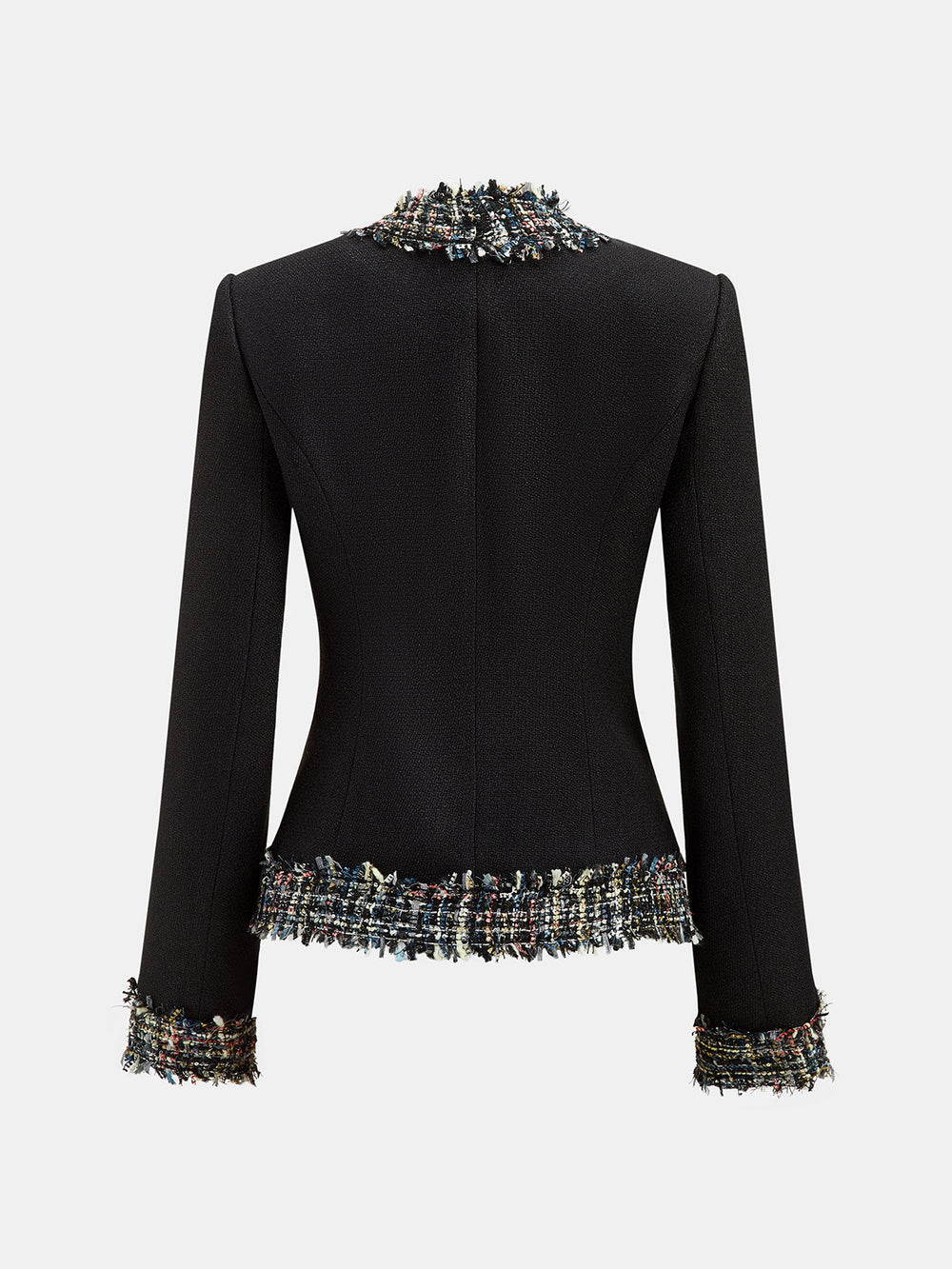 Multicolor Fringe Trim Tweed Blazer — women's blazers, back view