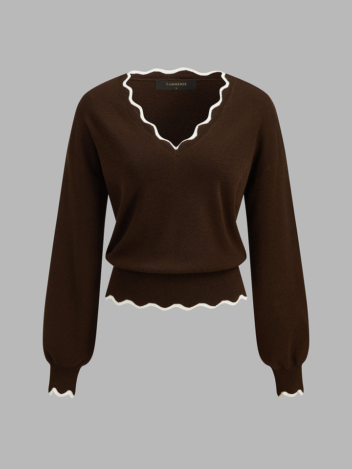 Contrast Scallop Trim Wool Blend Knit Sweater - women's sweater, back view