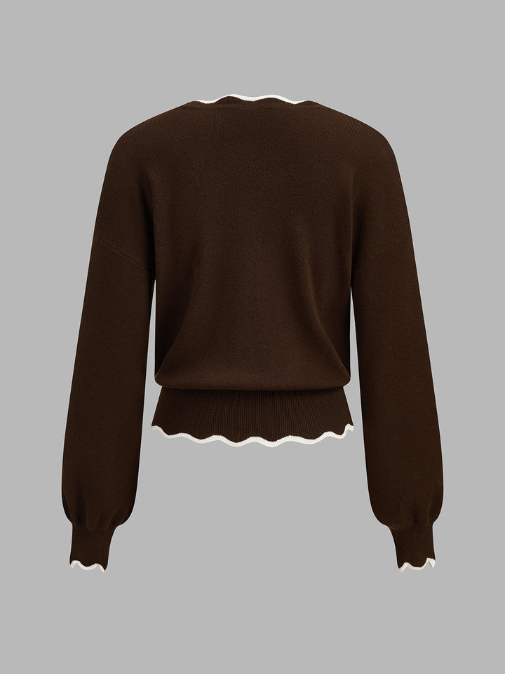 Contrast Scallop Trim Wool Blend Knit Sweater - women's sweater, side view