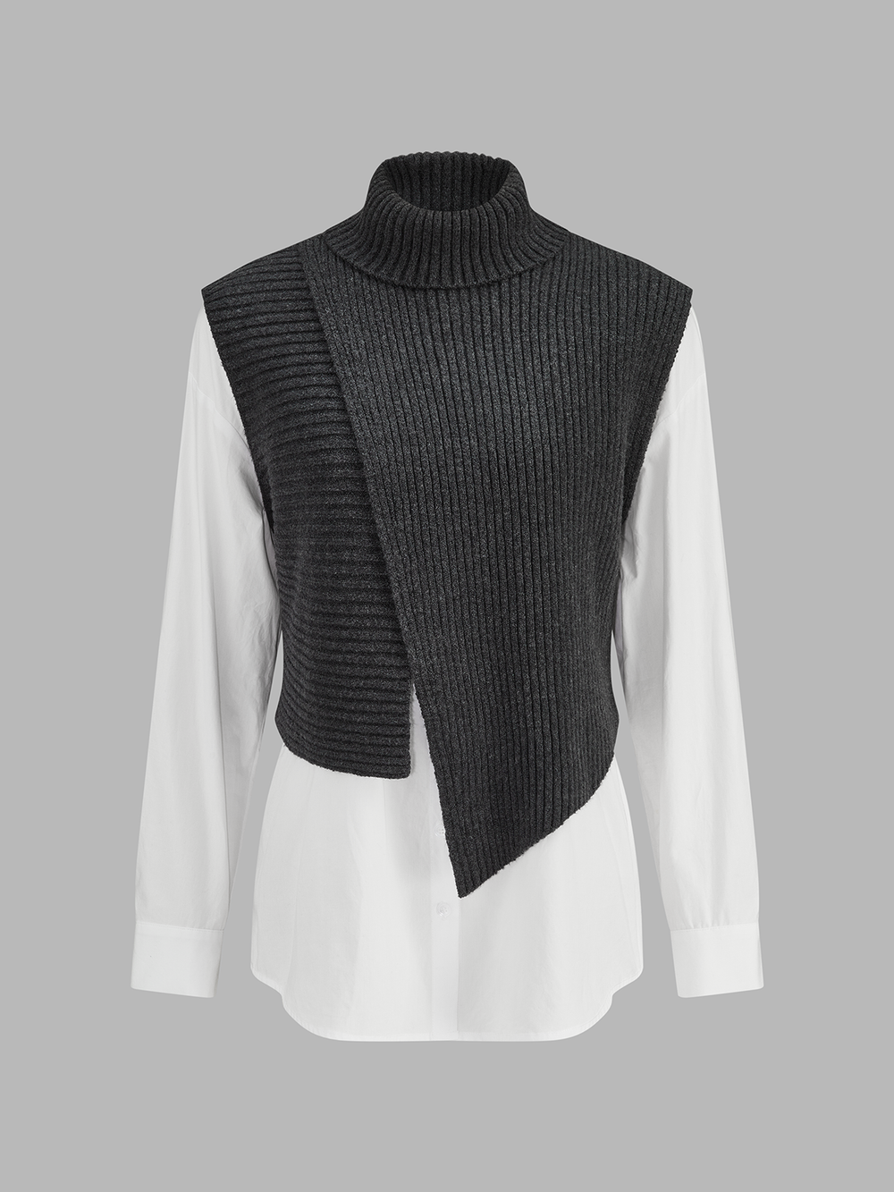 Asymmetric Turtleneck Knit Vest & Cotton Shirt Set — women's knit tops, back view