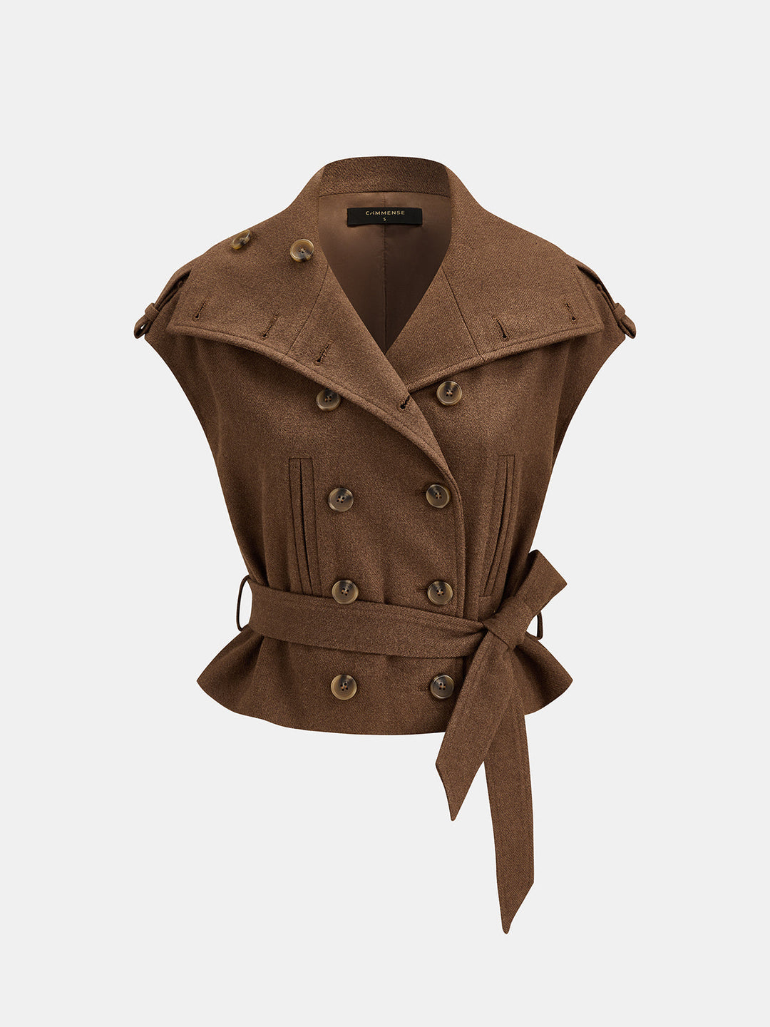 Belted Double-Breasted Trench Vest — women's vests, front view