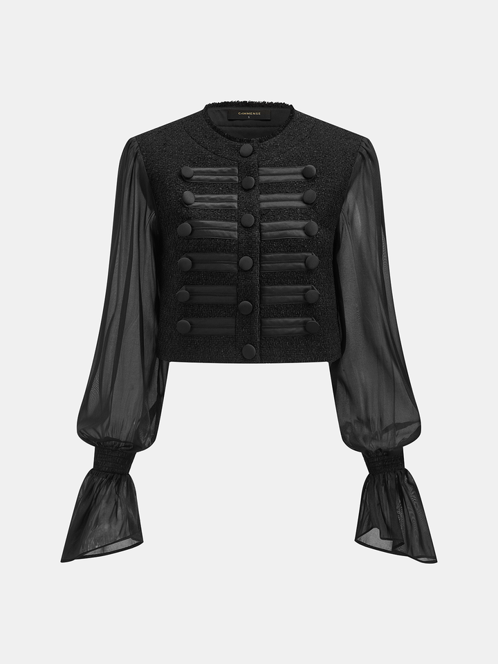 Sheer Sleeve Napoleon Wool Blend Cropped Jacket - women's jacket, back view