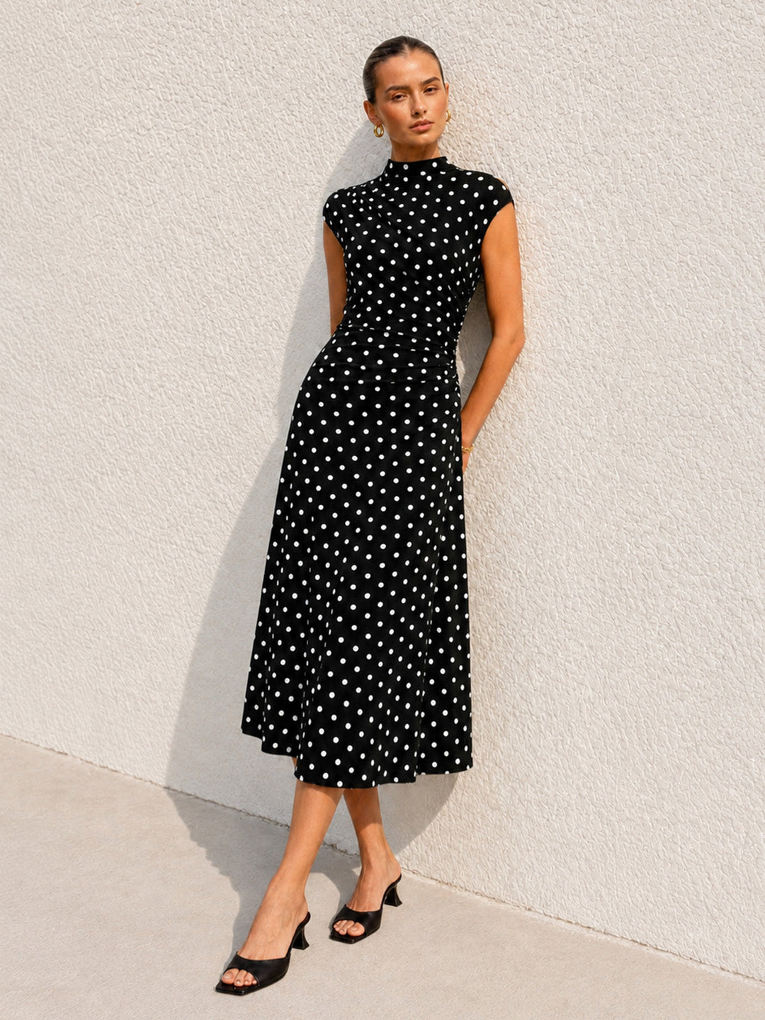 Polka Dot Cap Sleeve Midi Flare Dress — women's dresses, front view