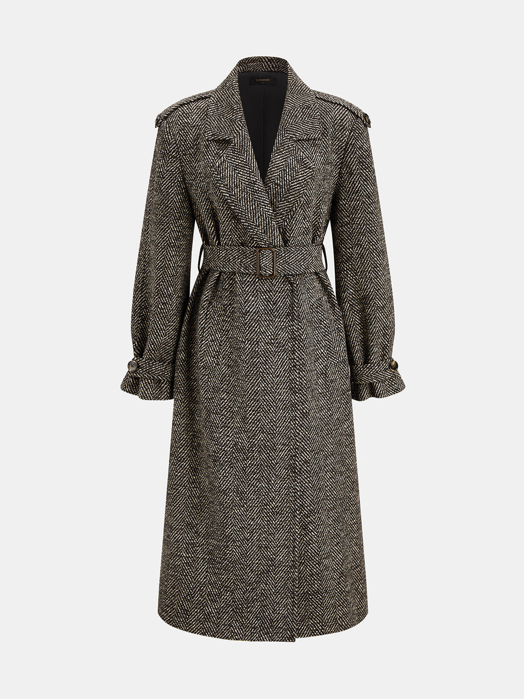 Tailored Herringbone Belted Long Coat
