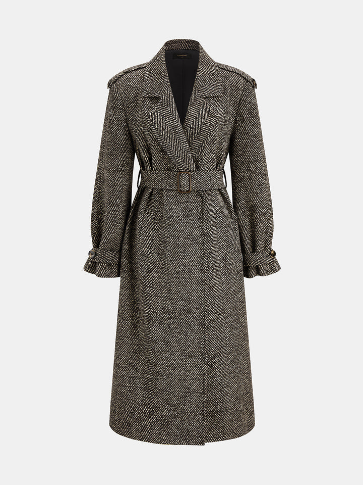 Tailored Herringbone Belted Long Coat