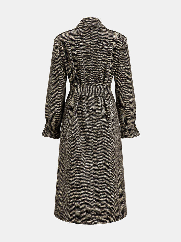 Tailored Herringbone Belted Long Coat
