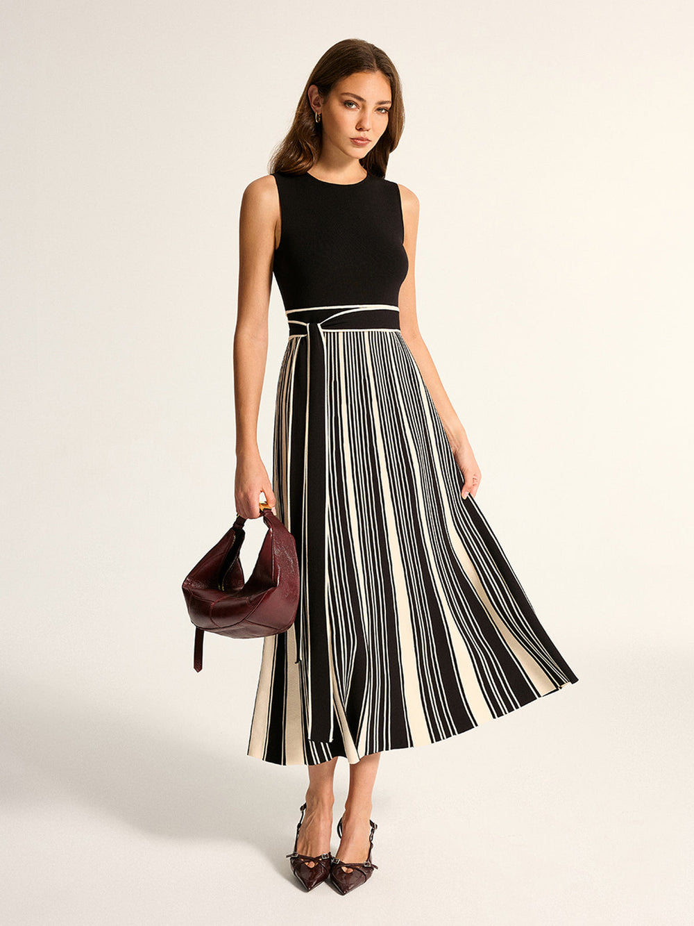 Sleeveless Tie-Waist Striped Knit Midi Dress — women's sweater dresses, back view