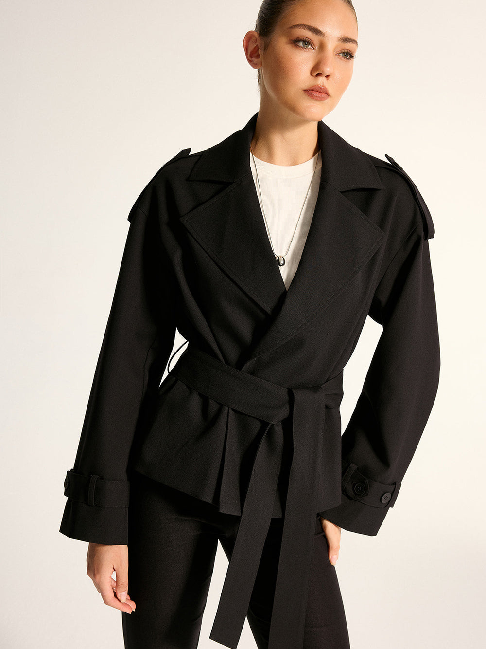 Epaulet Detail Belted Lapel Trench Coat — women's trench coats, back view