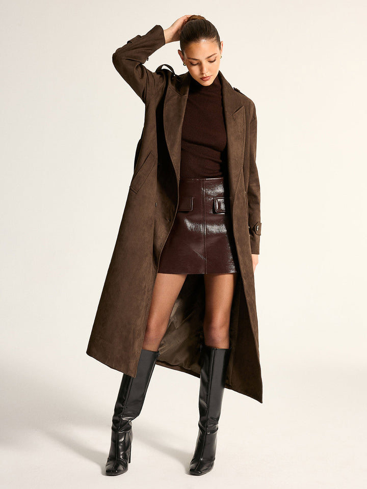Suede Effect Belted Double‑Breasted Trench Coat