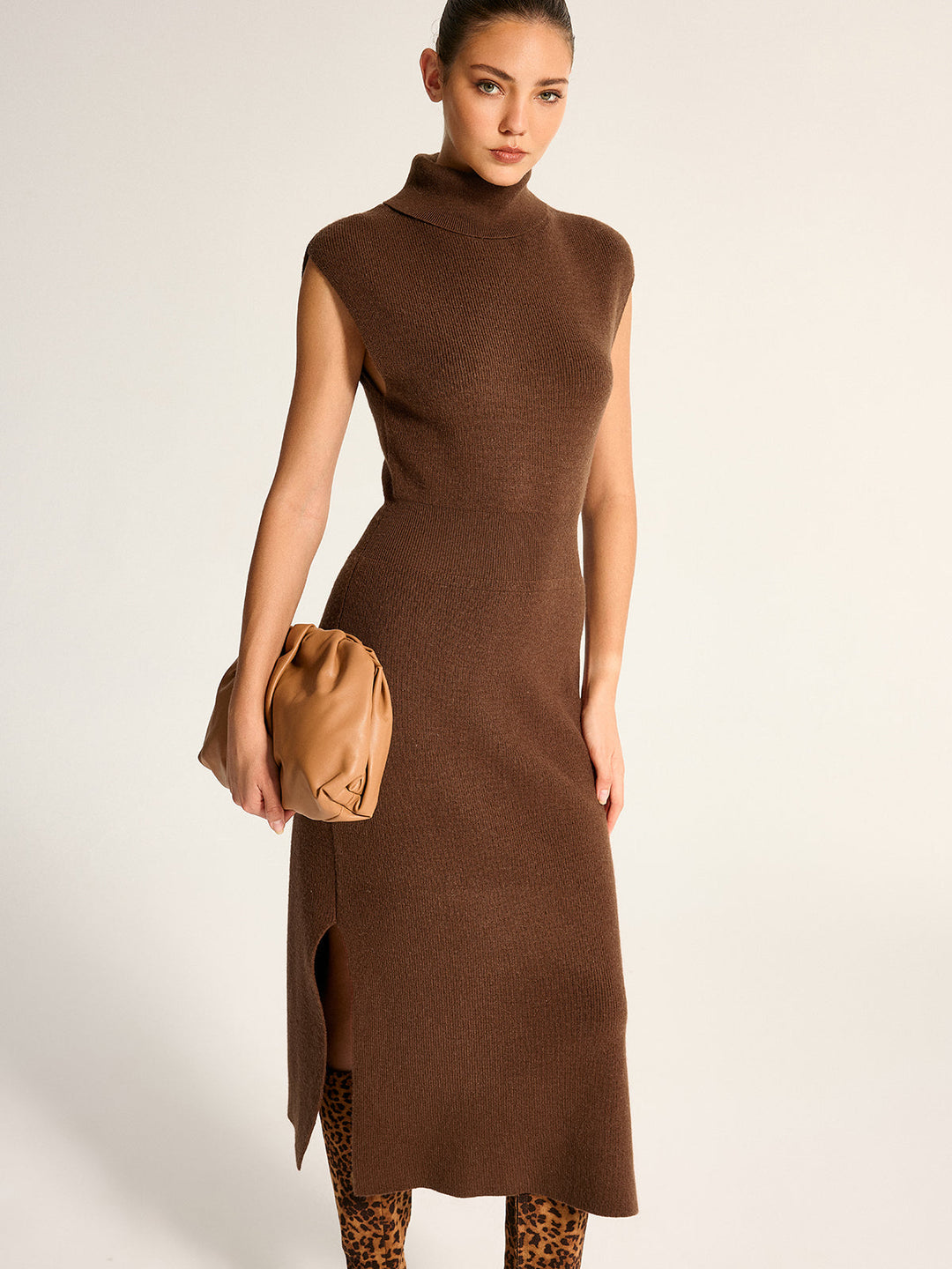 Wool Blend Turtleneck Side Slit Maxi Dress