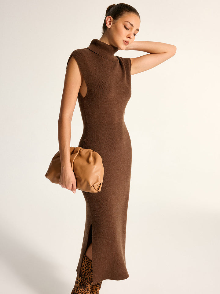 Wool Blend Turtleneck Side Slit Maxi Dress