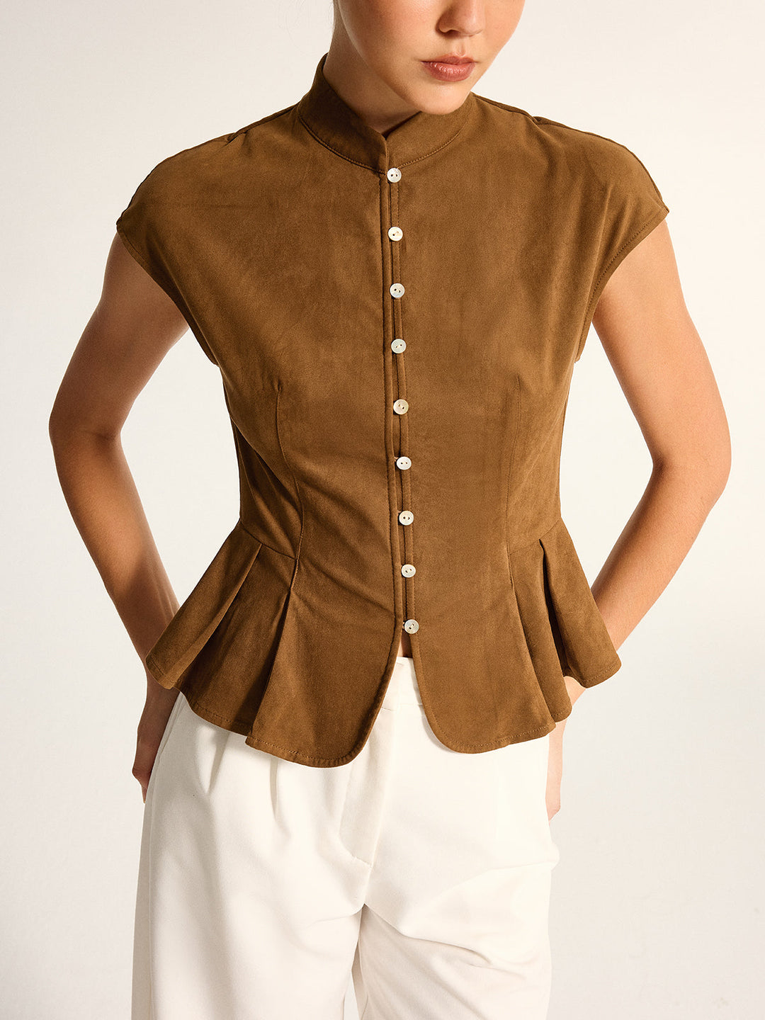 Mandarin Collar Suede Effect Peplum Top — women's vests, front view