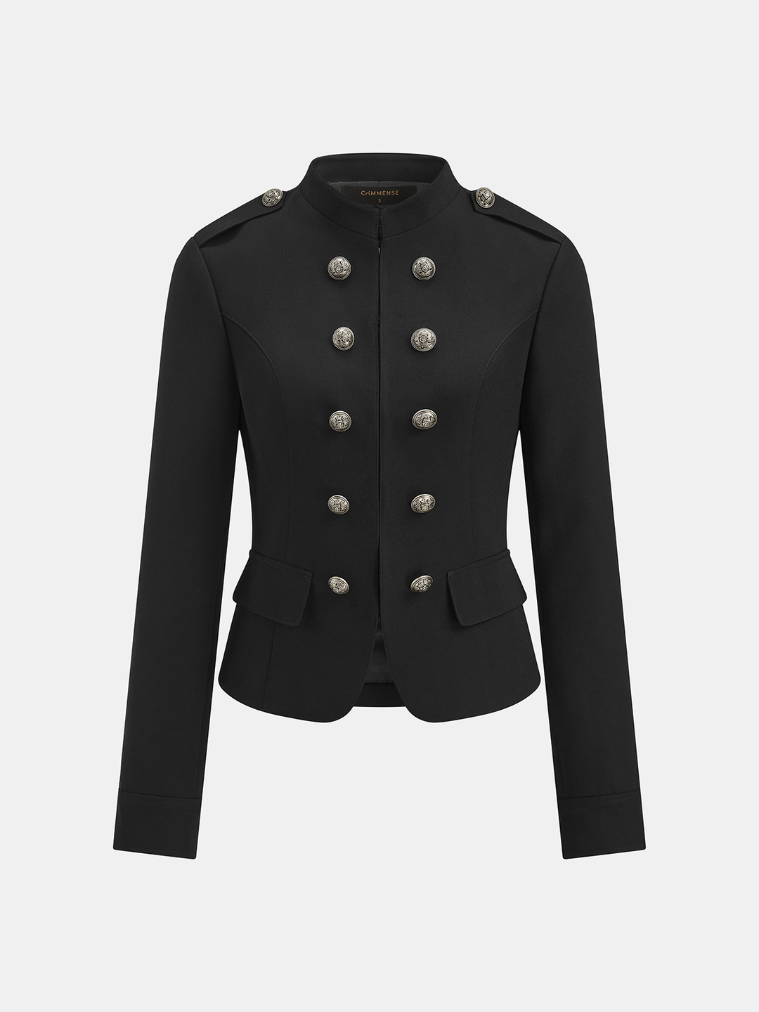 Product shot of the black military jacket with stand collar, epaulettes and peplum hem